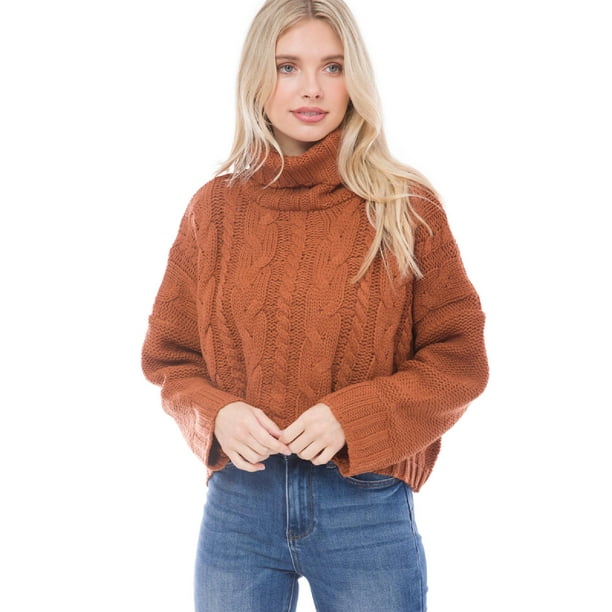 Made by Olivia Women's Solid Long Sleeve Turtle Neck Warm Cable Knit Sweater Top