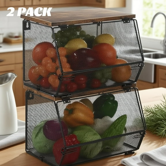 2pcs Onion &  Storage Basket with Wood Lid - Stackable Wall Mounted Countertop Tiered Organizer for Snack Fruit Vegetable Pantry Storage, Modern Kitchenware Stainless Steel Basket