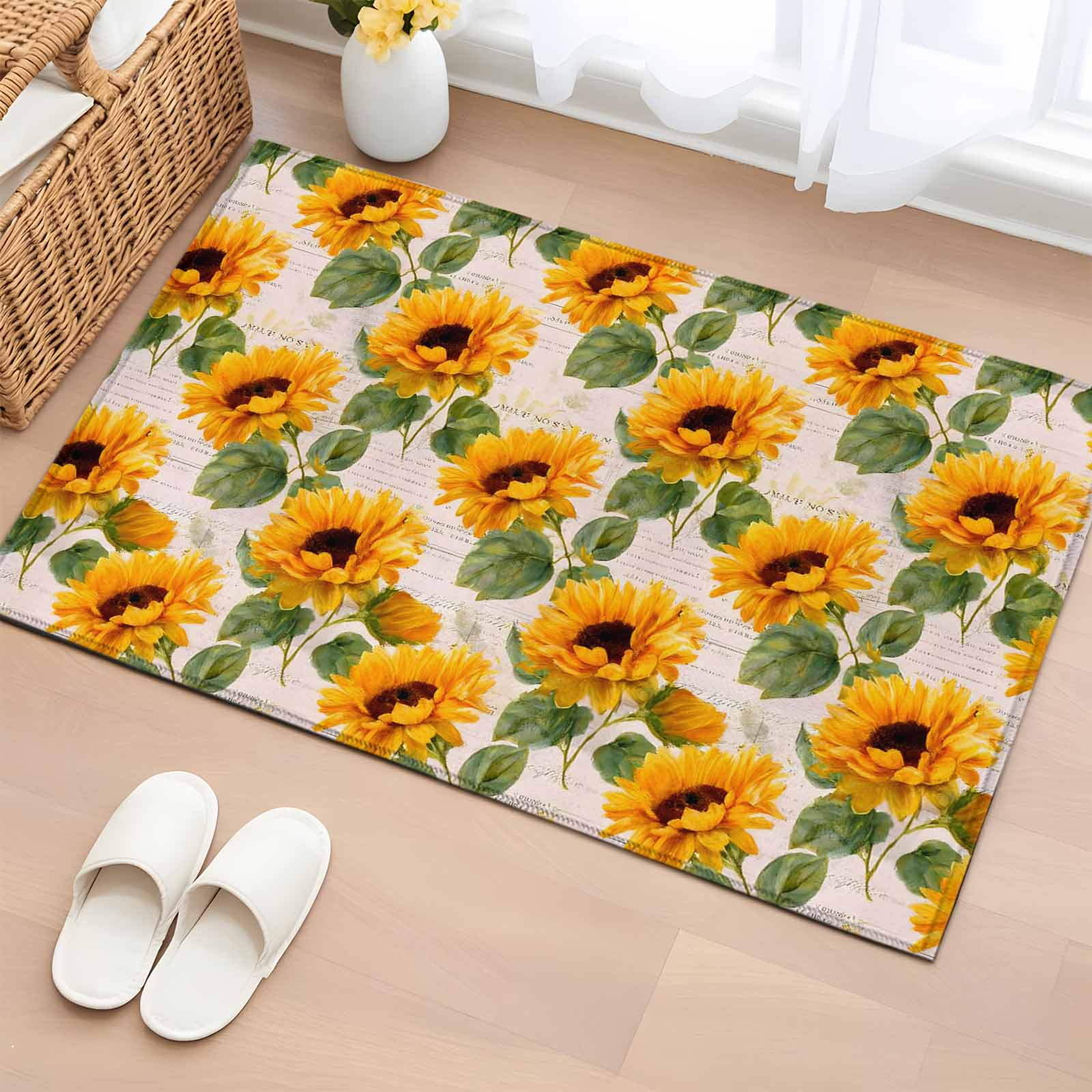Rectangle Rug 2x3ft Area Rug Watercolors Farms Sunflowers on Retro Area Rugs for Living Room Bedroom Vintage Flowers Floor Mat Non-Slip Non-Shedding Carpet Indoor Accent Rugs