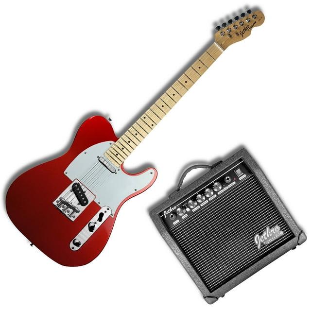 paquete guitarra electrica steelpro jethro 029-sk 2023 telecaster para diestro baswood color rojo muestra paquete con guitarra Telecaster Candy Apple Red y amplificador Jethro; guitarra con pickguard de 3 capas, diapasón maple natural, cuerpo basswood, dos pastillas (negra y niquel cromado), puente tremolo estilo vintage, controles níquel cromado y selector de 3 posiciones.