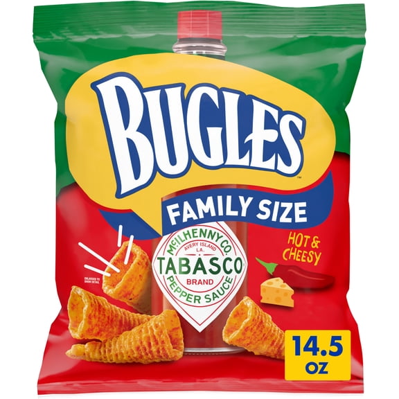 Bugles Tabasco Flavored Crispy Corn Snacks, Hot and Cheesy, Family Size, 14.5 oz