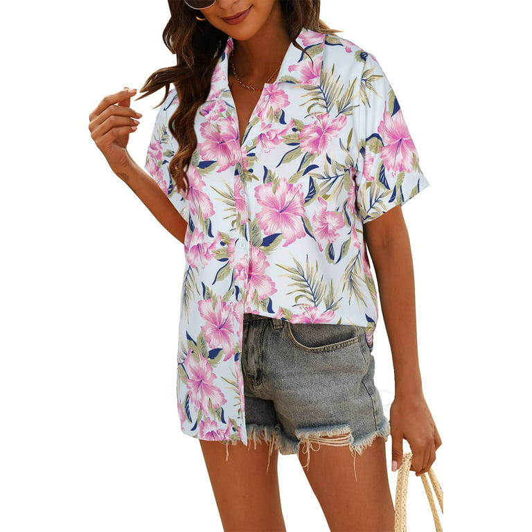 VILOVE Womens Summer Hawaiian Shirts Tropical Floral Print Shirt Button  Down V Neck Short Sleeve Tee Tops 