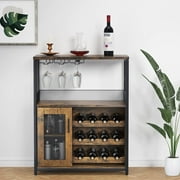 NEILA Farmhouse Wine Bar Cabinet with Detachable Wine Rack – Rustic Brown Kitchen Buffet Cabinet with Glass Holder and Mesh Door, Ideal for Living Room and Bar