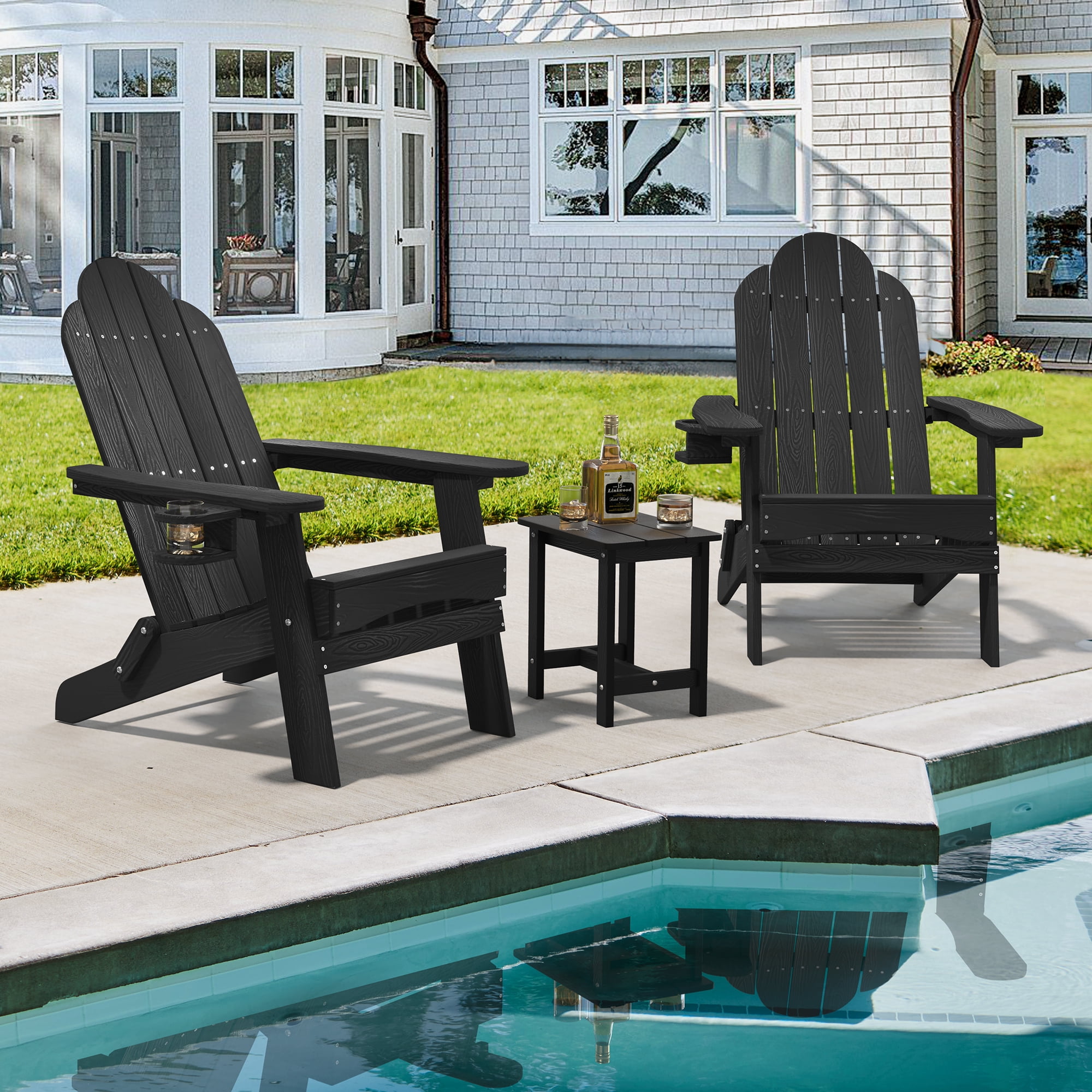 Dycanpo Folding Adirondack Chair Set of 2, Fire Pit Patio Garden Chair with Cup Holder, Black