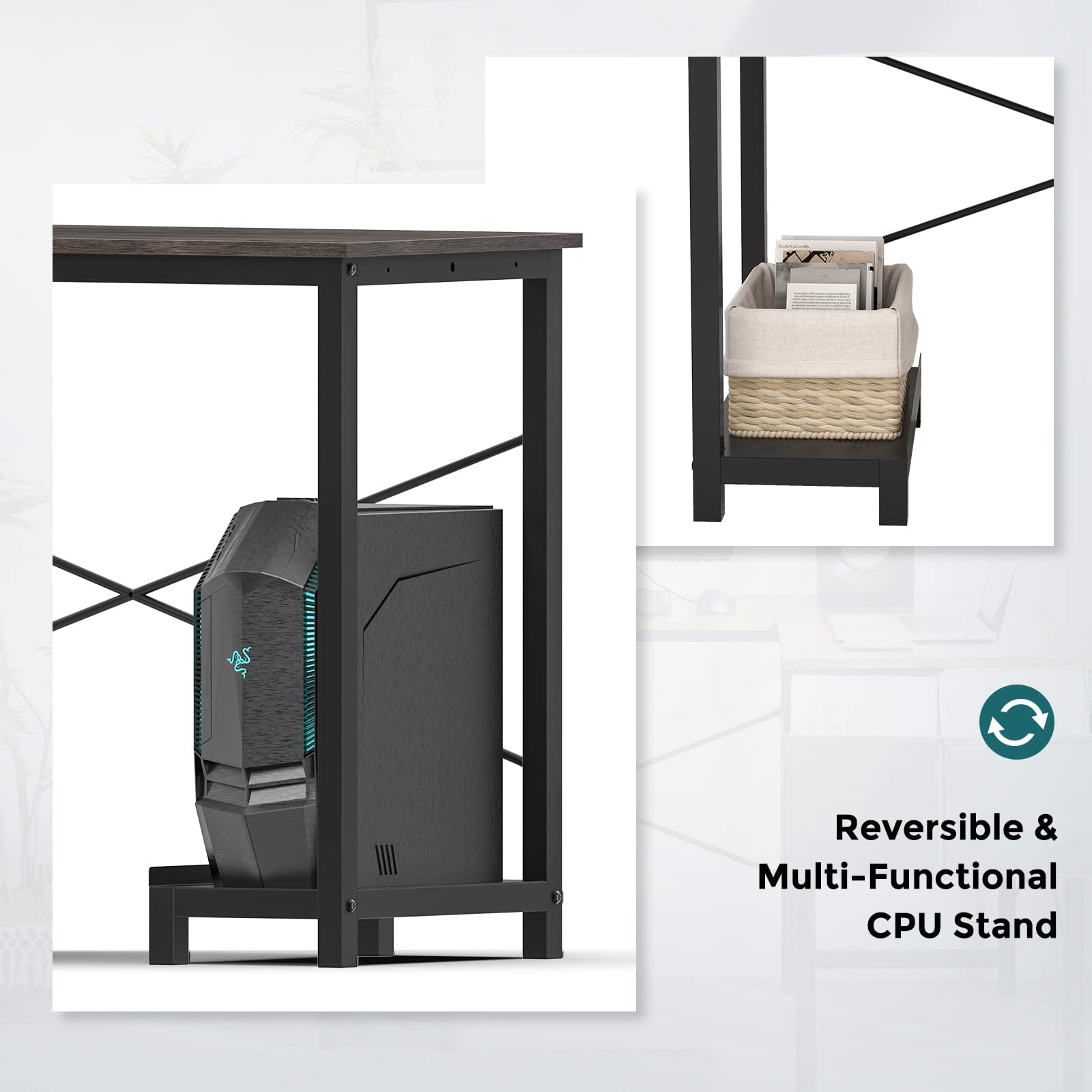 L Shaped Desk with Side Storage Bag and CPU Stand Shelf for Home Office Computer, 49 Inch, Grey Wood