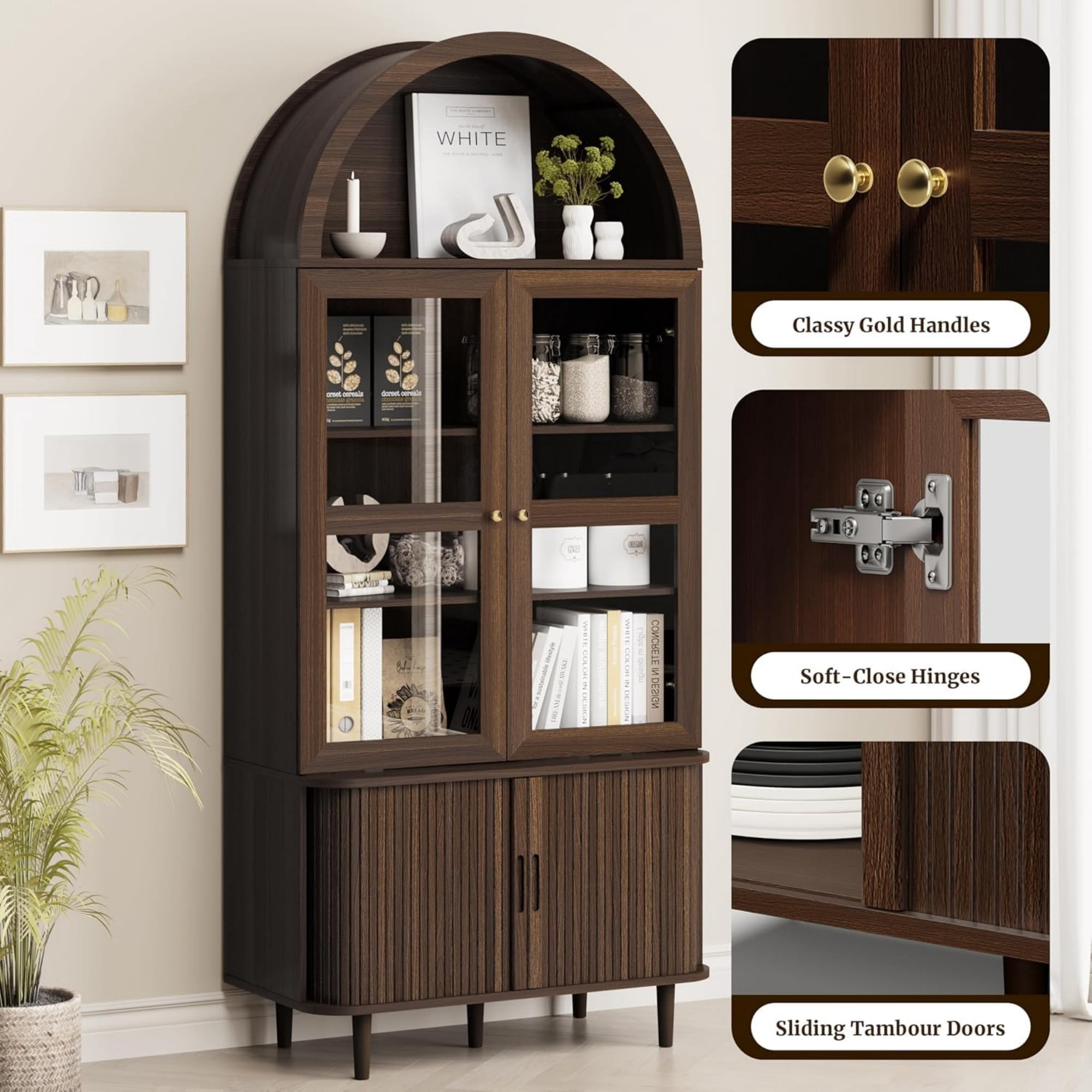 71 Inch Arched Cabinet with Glass Sliding Doors, Fluted Tall Pantry Cabinet with Adjustable Shelves, Coffee
