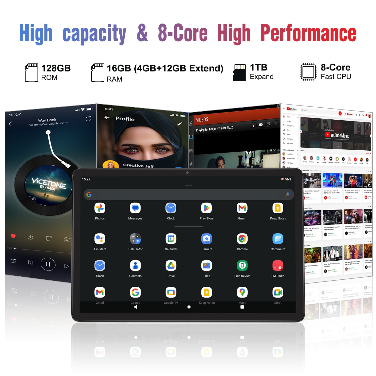 Latest Android 15 Tablet, 128GB ROM+16GB RAM+1TB Expand, 10.1 inch Tablet, 5G WiFi, T606 Octa-Core, 3- Camera , Incell IPS Screen, 8000mAh, Tablet with Keyboard, case, stylus, Dual speakers