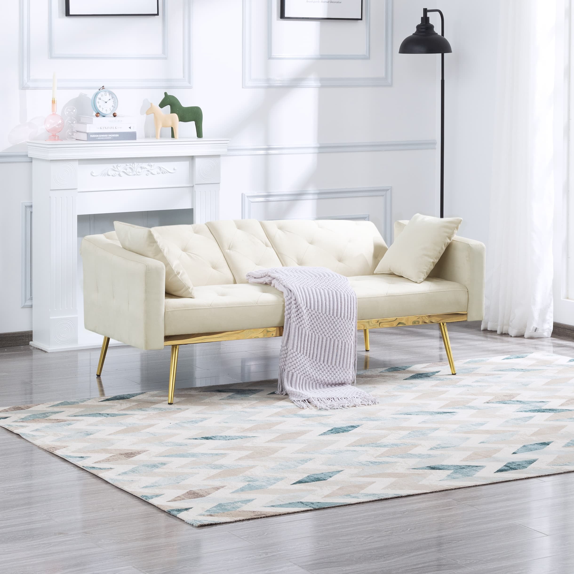 BSHTI 67.7”Futon Sofa Bed,Twin Size,3 Adjustable Positions Tufted Back,Square Arms and Tapered Metal Legs,Built-in Two Cup Holders Beige