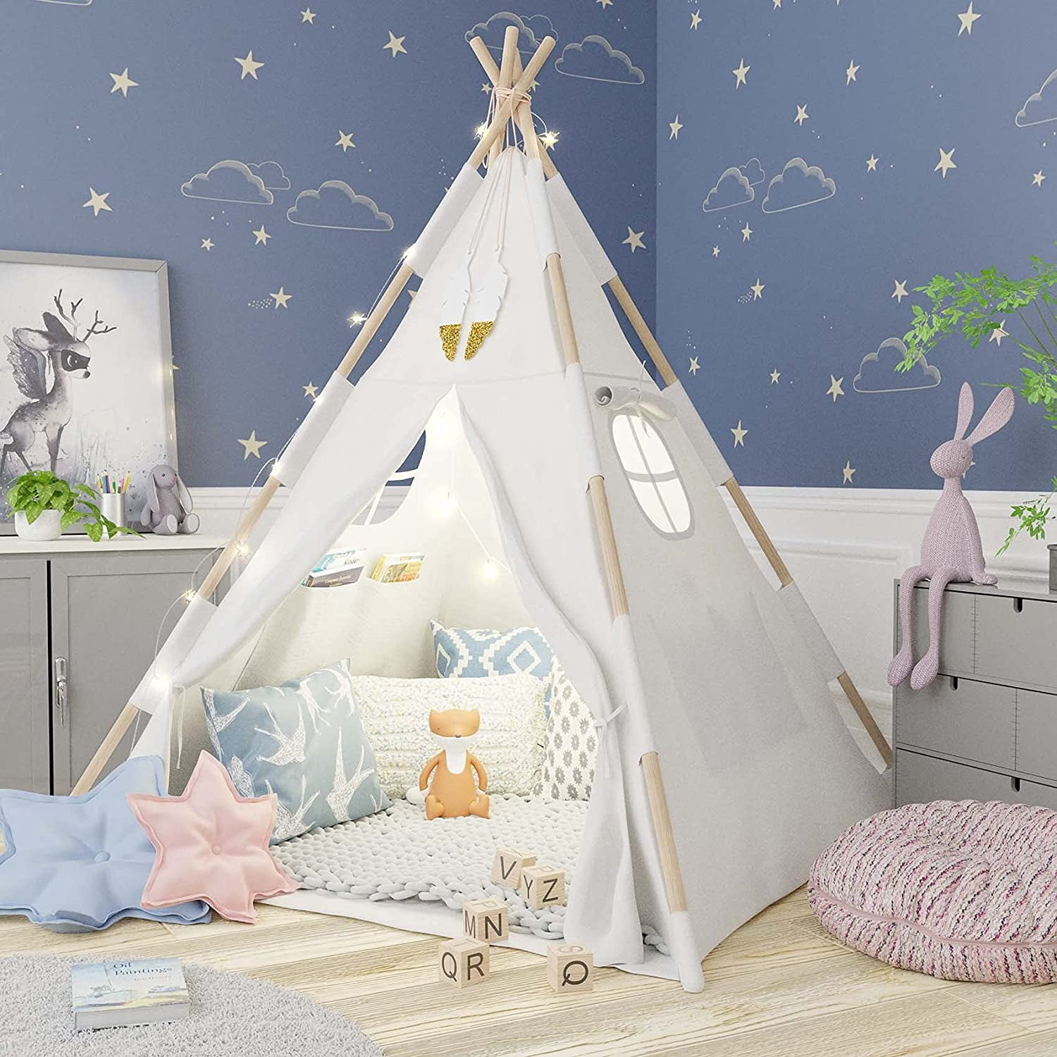 Feathers Kids Teepee Tent For Kids With Fairy Lights Waterproof Base 
