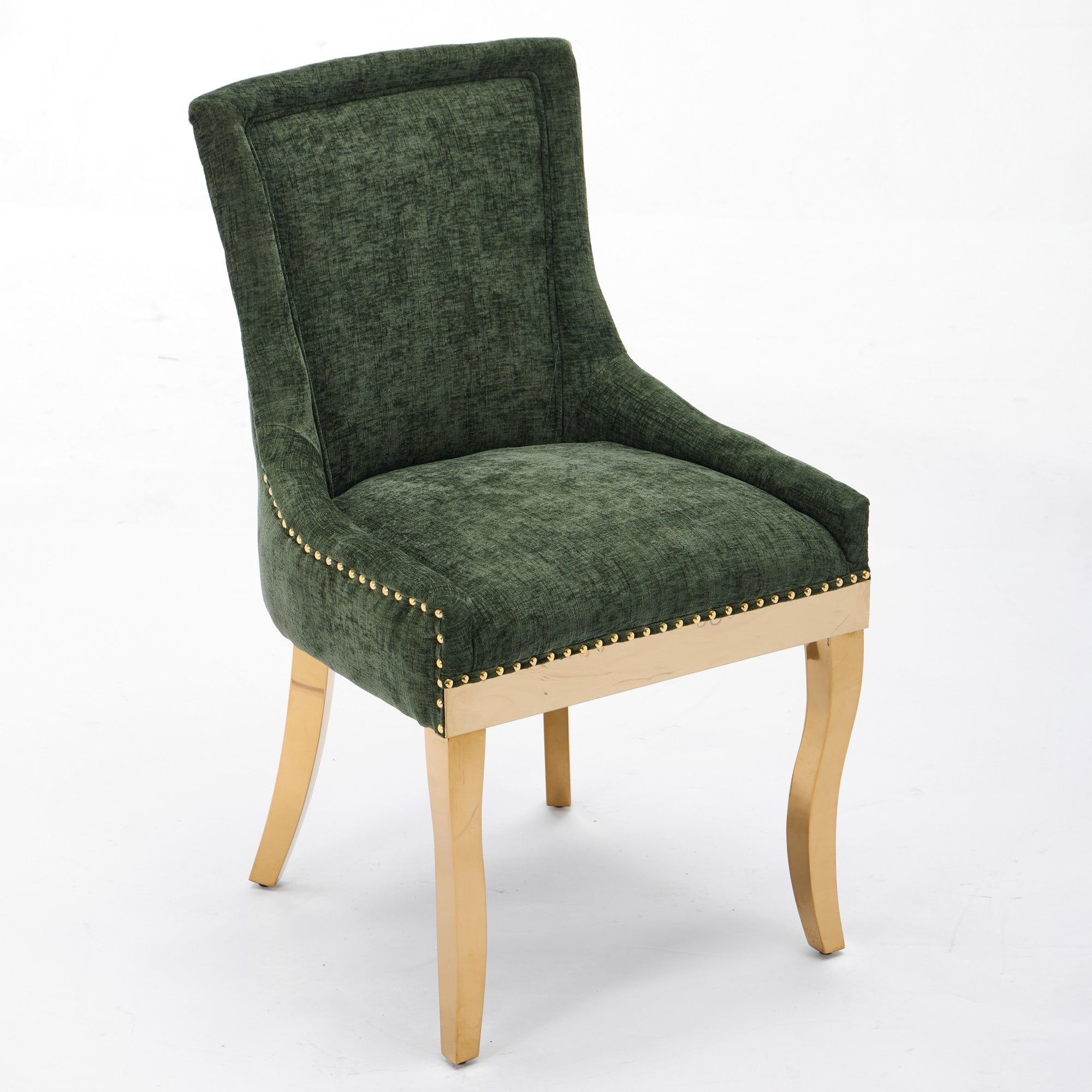 BSHTI Chenille Dining Chairs Set of 2, Green Textured Fabric Upholstered Chairs with Curved Gold-Plated Legs & Rivet Trim – Modern One-Piece Structure for Dining Room, Living Room, or Lounge