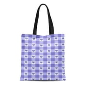 LADDKE Canvas Tote Bag Plaid Purple and White Gingham Check Hearts Pattern Checked Reusable Handbag Shoulder Grocery Shopping Bags