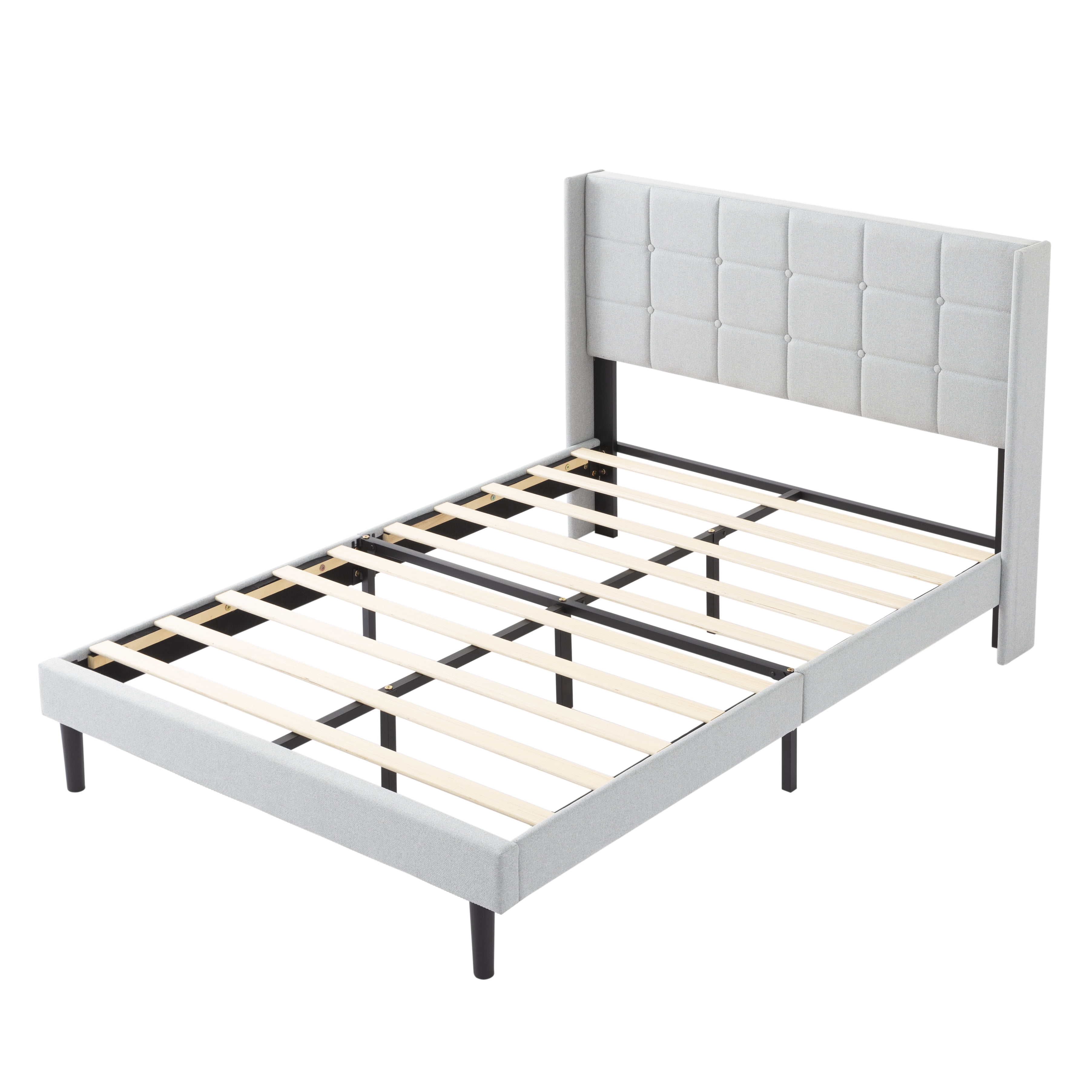 Gewnee Light Grey Full Size Platform Bed Frame Linen Upholstered Tufted Headboard Solid Wood Slat Support with Center Leg for Bedroom No Box Spring