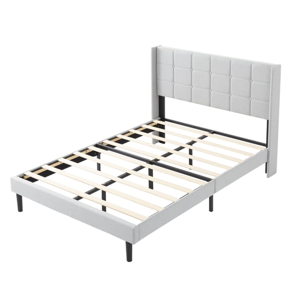 Full Size Platform Bed Frame, Upholstered Tufted Headboard with Solid Wood Slat Support, Light Gray