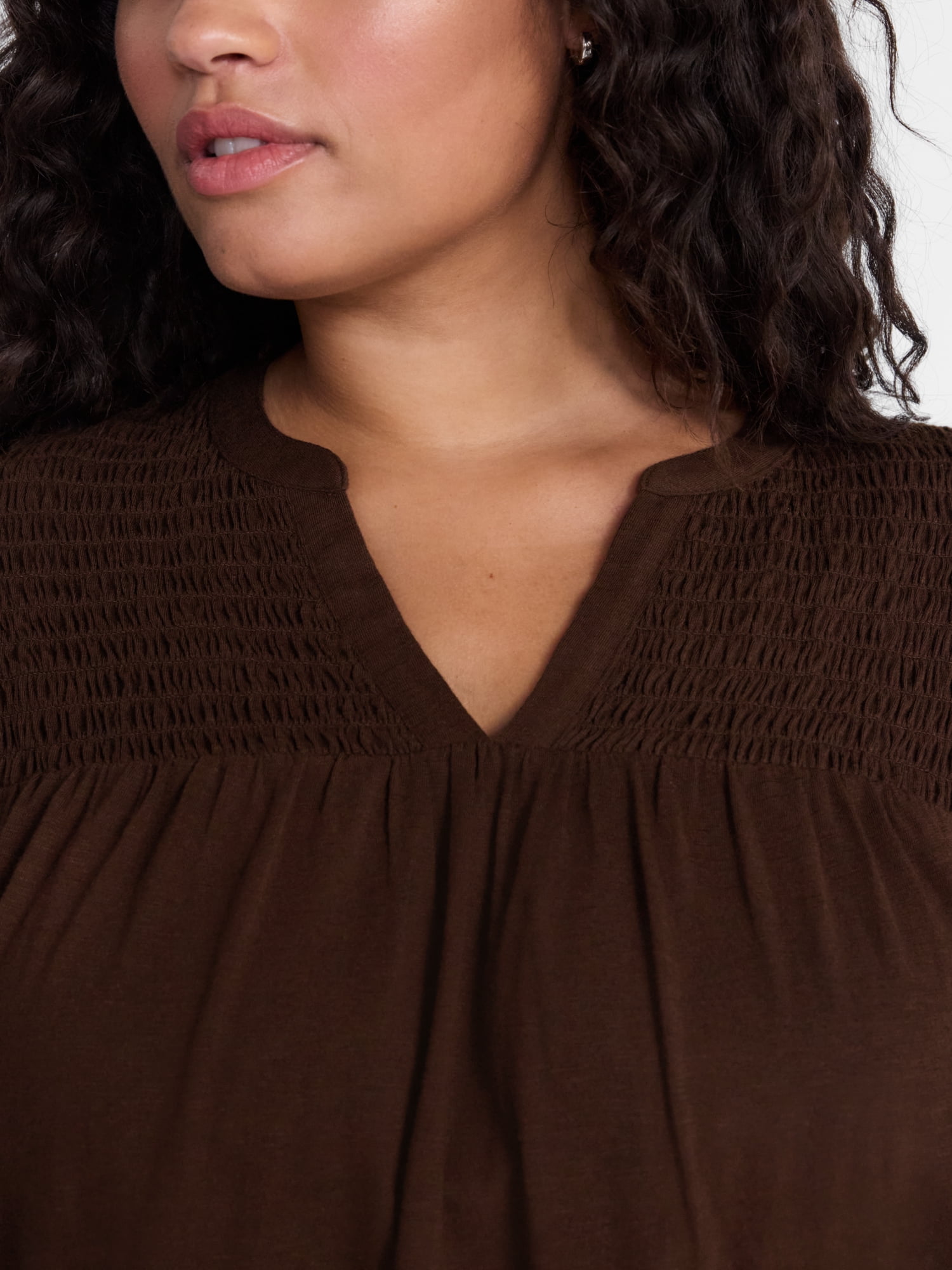 Terra & Sky Women's Plus Smocked Yoke Top with Long Sleeves, Sizes 0X-5X