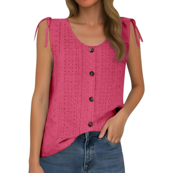 MIXUE Womens Summer Tops Summer Solid Color Loose U Neck Sleeveless Casual Pleated Eyelet Vest Pullover Tshirts Streetwear,Red,XXXXL