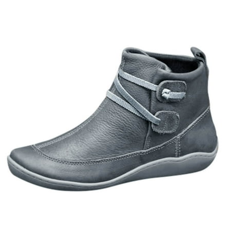 iOPQO Women s Ankle Boots Women s Vintage Leather Boots Flat Waterproof Shoes Winter Round Toe Ankle Boots Winter Comfortable Flat Bottom Grey 41