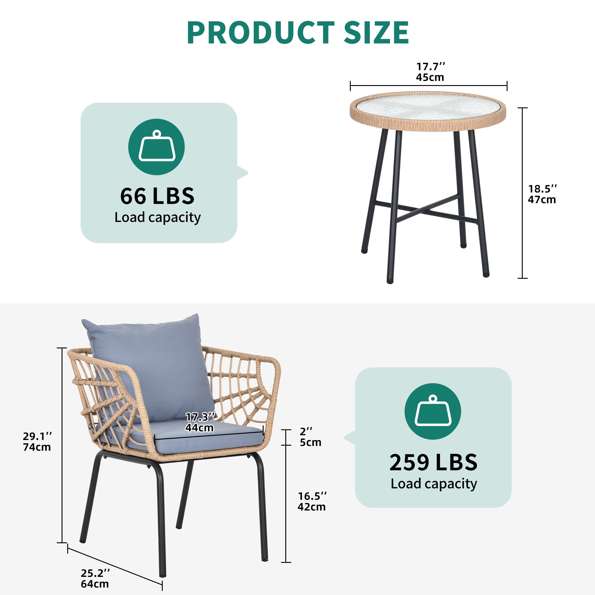 DEXTRUS 3-Piece Outdoor Patio Furniture Wicker Bistro Set With 2 Chairs and Coffee Table,Cushions and Lumbar Pillows for Porch, Backyard-Gray