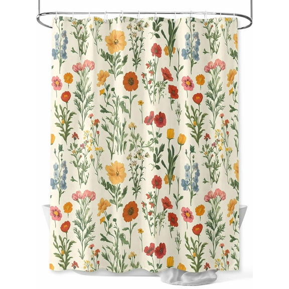 Vintage Style Shower Curtain, Poppies Wildflowers Watercolor Plants Herbs Waterproof Shower Curtain Set with 12 Hooks Lightweight Washable Fabric Shower Curtains for Bathroom 48x72 Inches
