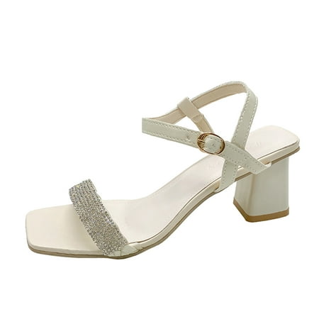 

LIANGP Women s Sandals Ladies Fashion Summer Solid Leather Rhinestone Open Toe Buckle Thick High Heel Sandals Women s Shoes Beige Size 7