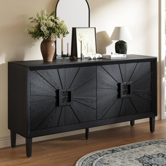Large Buffet Sideboard Cabinet with Storage,60" Modern Cedenzas Buffet Table American Farmhouse Charm Cabinet with 4 Symmetrical Sunburst Doors for Living Room Hallway, Antique Black