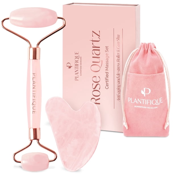 Set de rodillo facial y gua sha, cuarzo rosa, plantifique