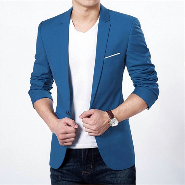 Men One Button Slim Fit Formal Cut Suit Casual Jacket Sport Coat Modern Fit Business Wedding Formal Suit Daily Blazer, Blue,M, Men's, Size: Medium