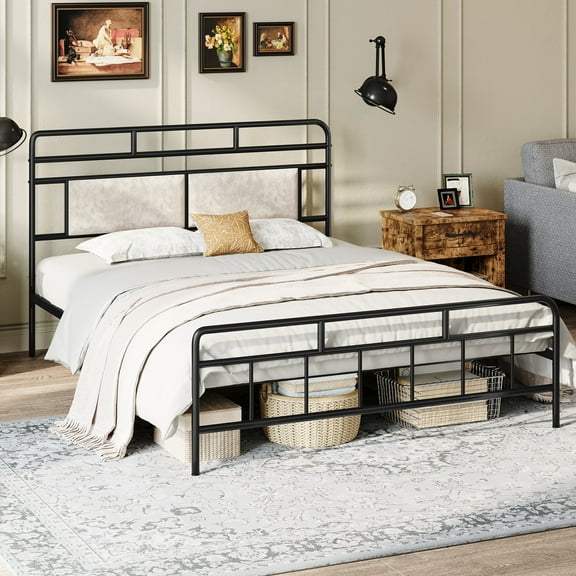 HOOBRO Bed Frame, Full Size Bed Frame, Heavy Duty Metal Bed Frame, with Upholstered Headboard, Soundless, No Box Springs Needed, Black BB65BF01