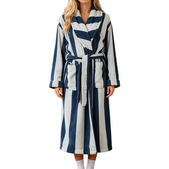 Gytharion Women's Fleece Robe Striped Shawl Collar Soft Warm Full Length Plush Bathrobe with Side Pockets and Tie Belt Cozy Dressing Gown