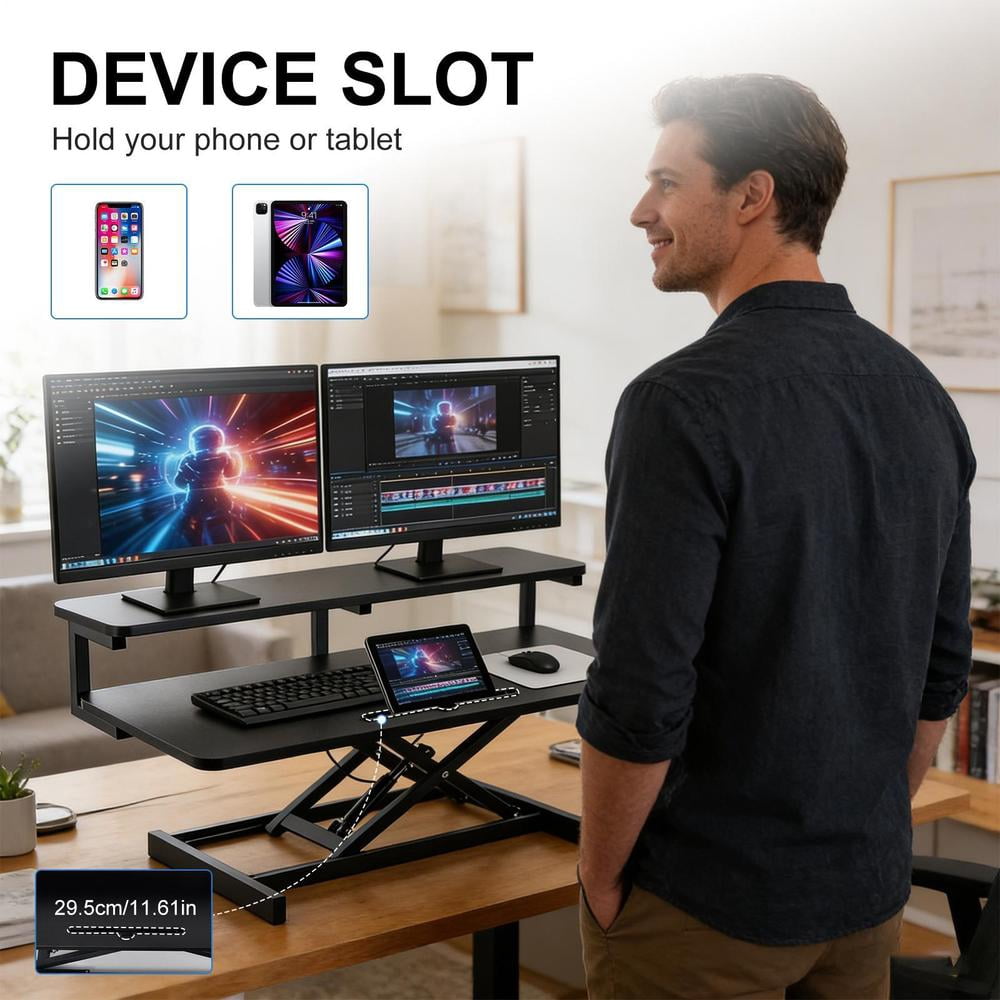 37 inch Desk Converter, Height Adjustable Sit to Stand Riser, Monitor and Laptop Workstation with Wide Keyboard Tray, Black