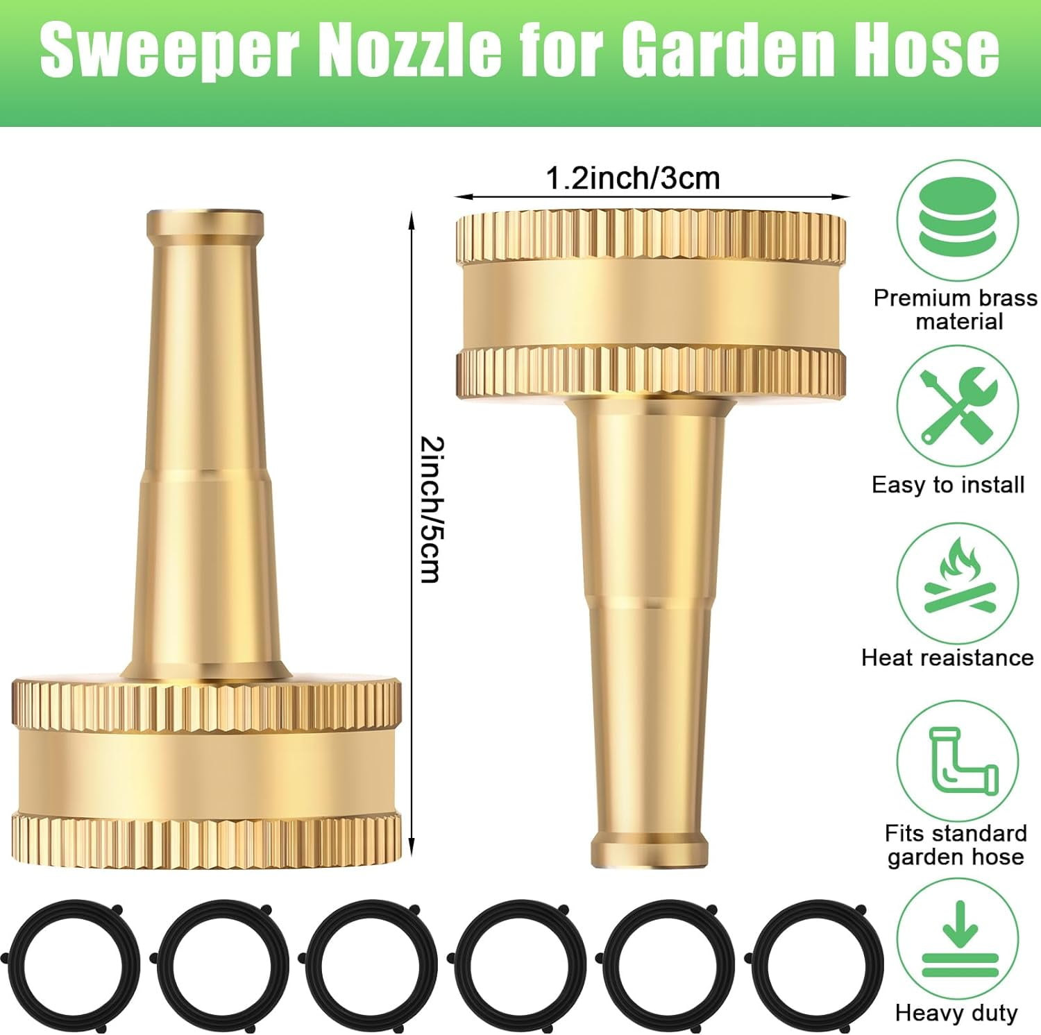 12 Pack Sweeper Nozzle for Garden Hose Solid Brass Jet Sweeper 2" Jet Nozzle with 12 Garden Hose Rubber Washers