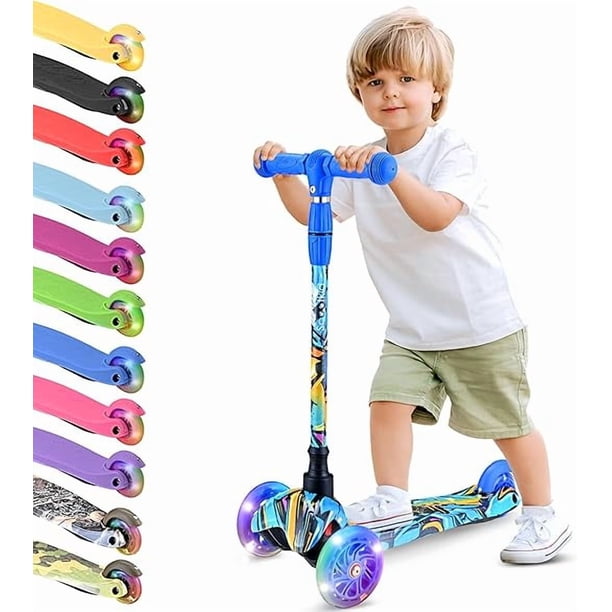 Monopatin Scooter para Niños de 2 a 5 Años Hurtle, 3 Ruedas con Luces LED, Mini Kickboard con Freno, Manillar Ajustable de 63 cm a 71 cm, Antideslizante, Patin del Diablo, Graffiti