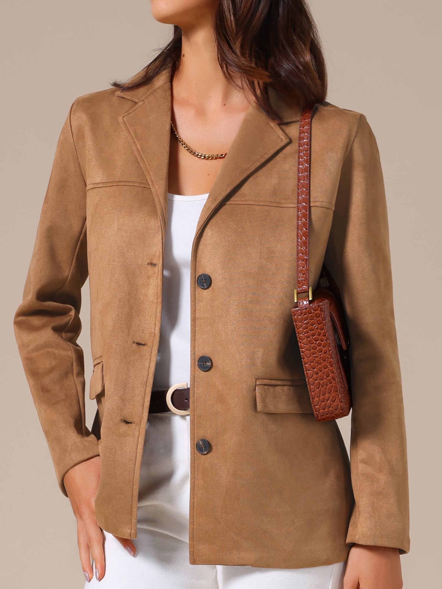 DARING DIVA Women's Faux Suede Lapel Open Front Long Sleeve Blazer Jacket XL Brown