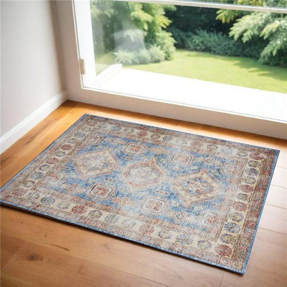 HomeRoots 573891 2 x 3 ft. Oriental Distressed Non Skid Rectangle Area Rug, Ivory, Red & Blue