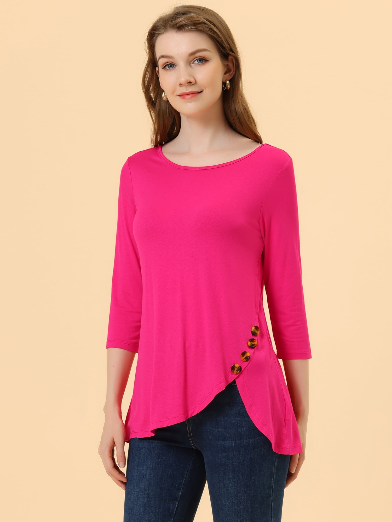 DARING DIVA Women's Casual Stretchy Tunic Asymmetric Hem Top 3XL Hot Pink