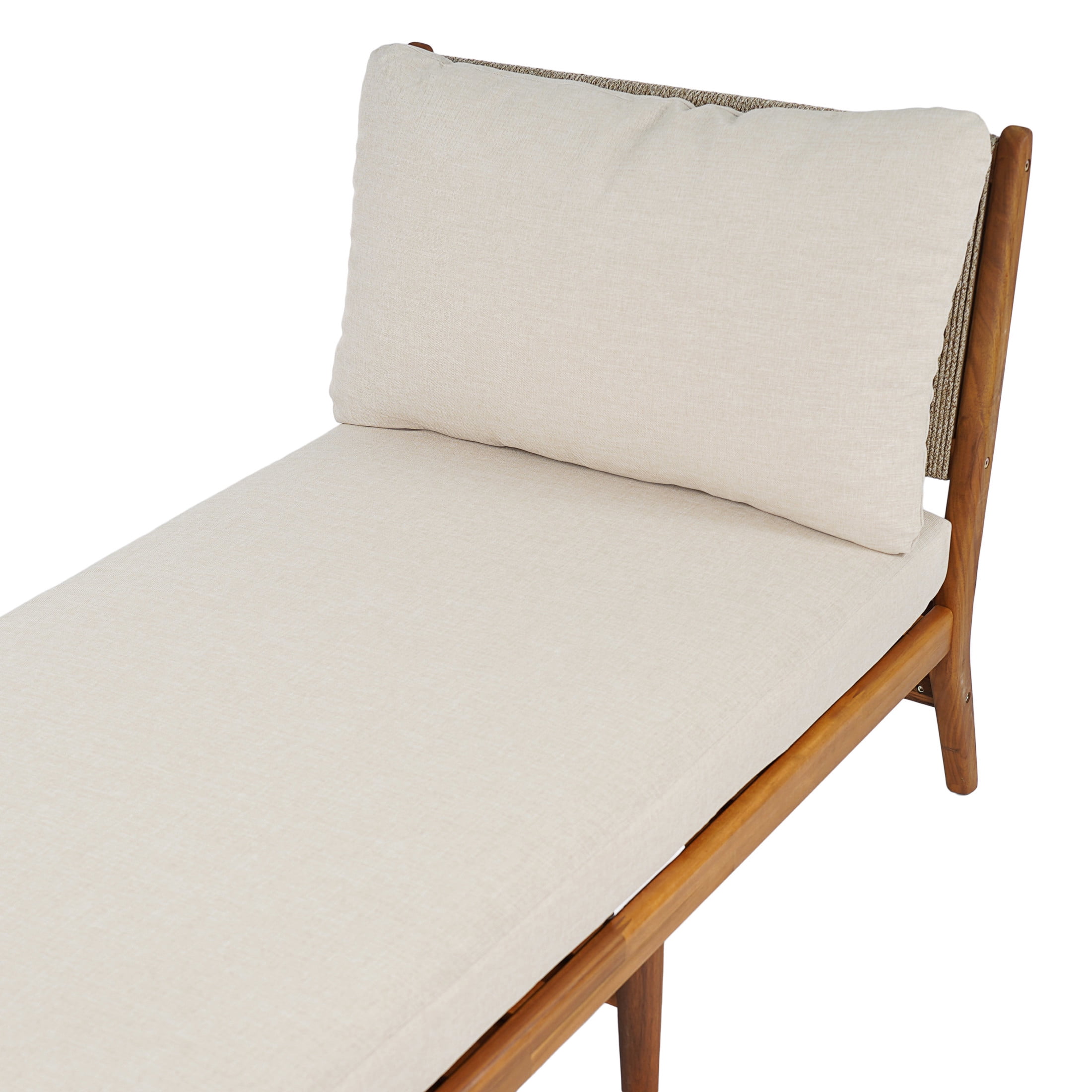 Christopher Knight Home Outdoor Chaise Lounge, Acacia Wood with Woven Rope, Beige Cushions, Teak