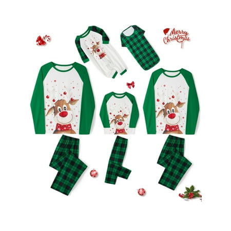

wybzd Family Matching Christmas Pajamas Set Patchwork Cartoon Reindeer Print Tops Plaid Pants Sleepwear Homewear