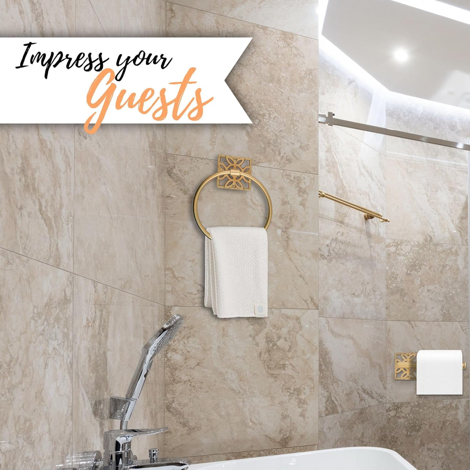 Autumn Alley 5 PC Gold Modern Bathroom Accessories Set, Wall Mounted - Towel Rack, Hand Towel Ring, Industrial Toilet Paper Holder, and 2 Towel Robe Hook for Bathroom Hardware Set