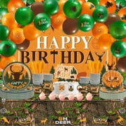 Suclain 165 Pcs PriNst Hunting Party Decorations Camo Party Decorations Includes Hunting Backdrop Balloons Cake Cupcake Topper Plates Paper Cup Knives Forks Spoons Tablecloth(Backdrop)