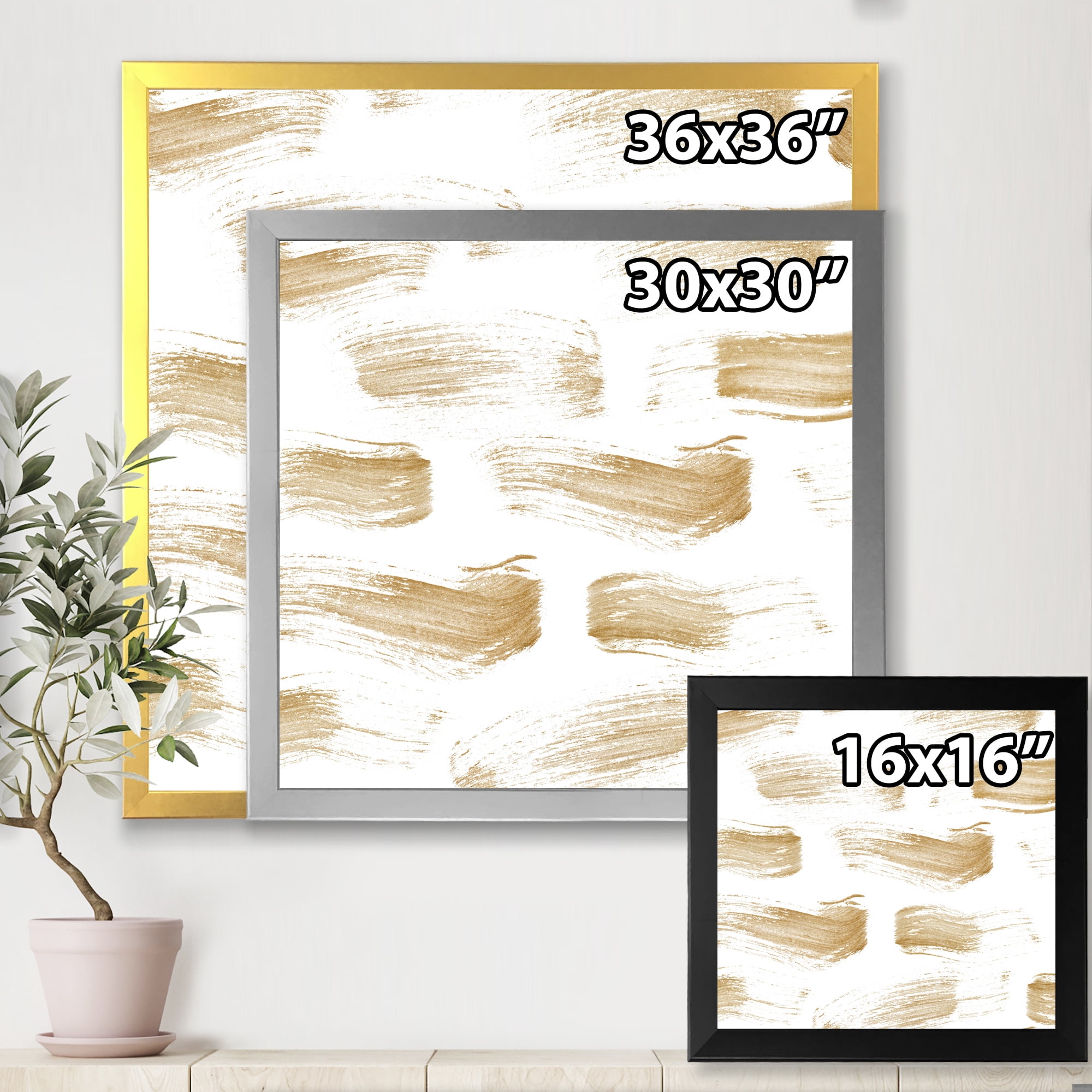 Designart 'Golden Abstract Brush Strokes' Modern Framed Art Print