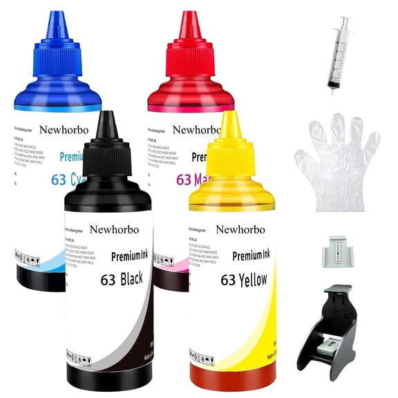 Newhorbo 63XL High-Yield Ink Bottles 4-Pack – Black，Cyan, Magenta, Yellow – Compatible with DeskJet, OfficeJet & Envy Series Printers
