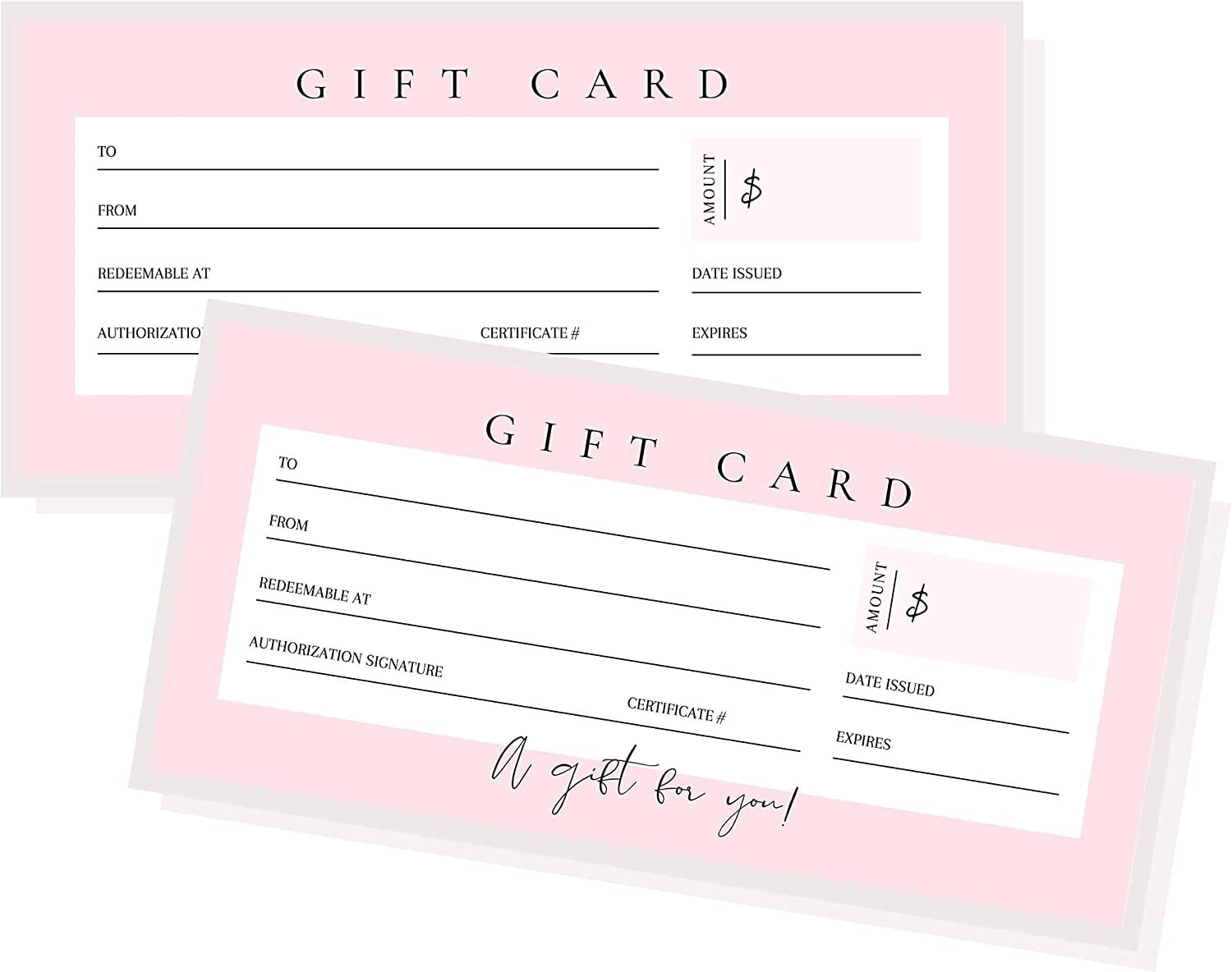 Blank Gift Certificates Cute Pink 30 Pack 3.75 x 8.25" inch Size Gift