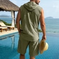 thumbnail image 4 of BLTIBY Mens Linen Set 2 Piece Summer Beach Outfits Sleeveless Button Down Hoodies and Drawstring Shorts Matching Vacation Sets with Pockets Army Green XL, 4 of 8