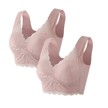ATOYSOY Women s 2 Pack Plus Size Everyday Bra Slim Basic Tank Tops Lace Splicing Small Cup Wirefree Bralette Underwear Push Up Comfort Bra Clearance Teens Breathable Pink XXL