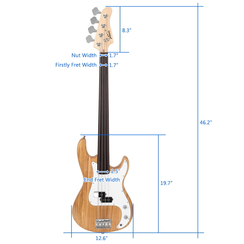 Fretless Electric Bass Guitar GP Bass Full Size 4 String for Experienced Bass Players with Wrench Tools, Burlywood