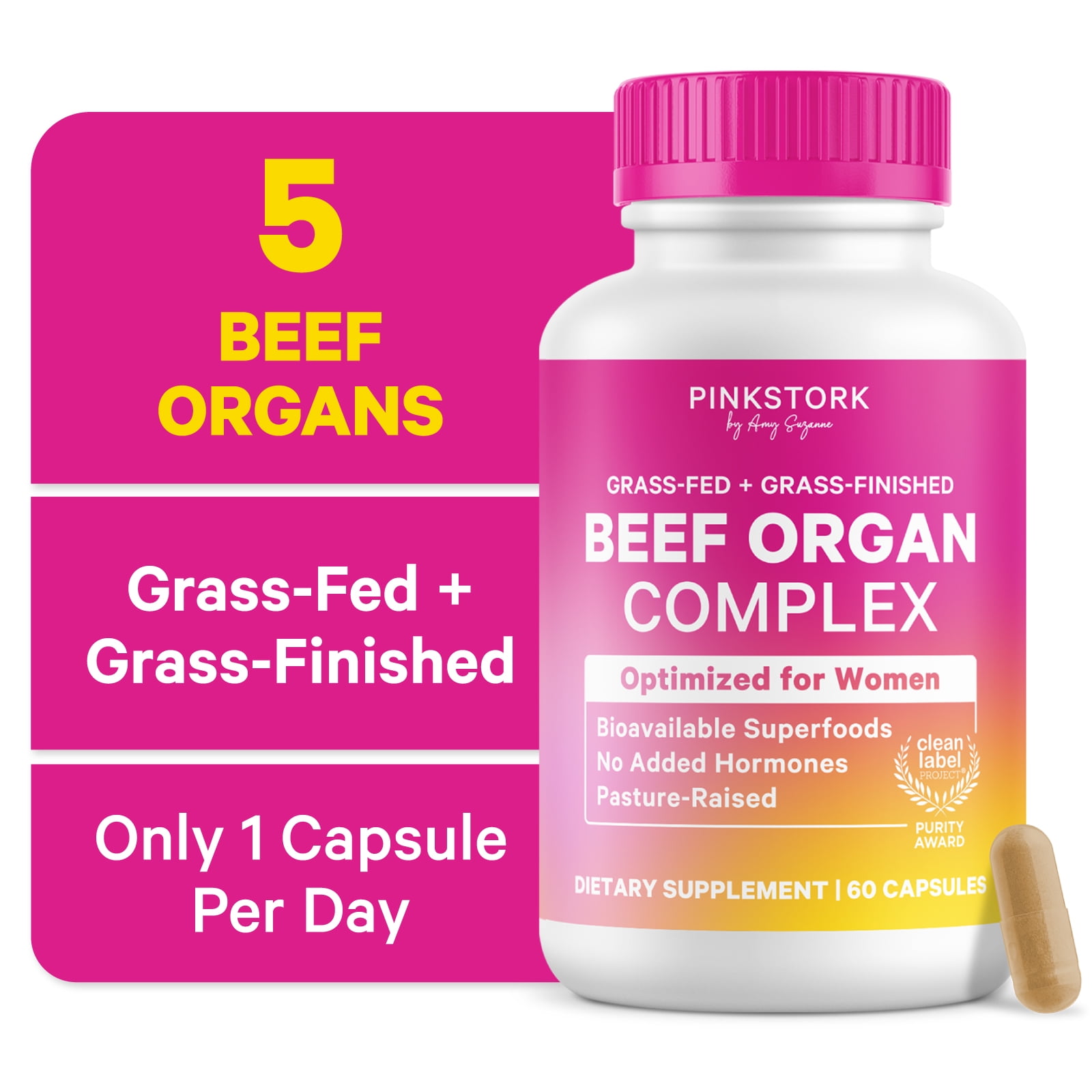 Pink Stork Beef Organ Supplement for Women | Grass-Fed Beef Liver Capsules with Iron, B12, CoQ10, Vitamin A | Primal Multivitamin | Female Hormone + Energy Support | 60 Capsules