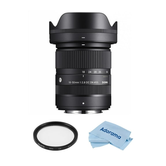 Sigma 18-50mm f/2.8 DC DN Contemporary Lens for Fujifilm X, Bundle with 55mm Multi Coated UV Slim Filter, Microfiber Cleaning Cloth