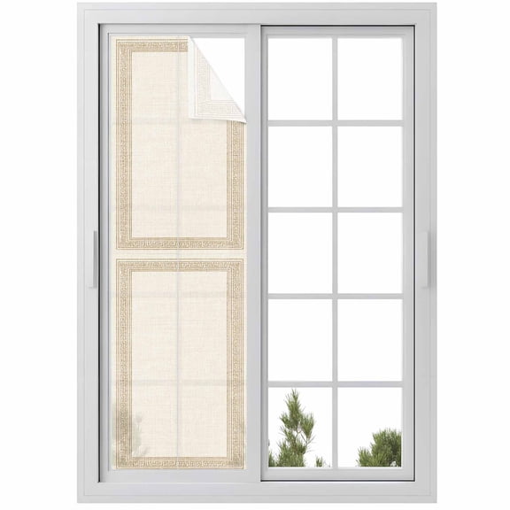 No Glue Heat Blocking Window Flims, Beige Geometric Window Privacy Film Frosted, Brown Greek Key Design Burlap Modern Art Peep-proof Door Windows Tint for Bathroom, Dormitory, 17.7 x 78.7 Inches