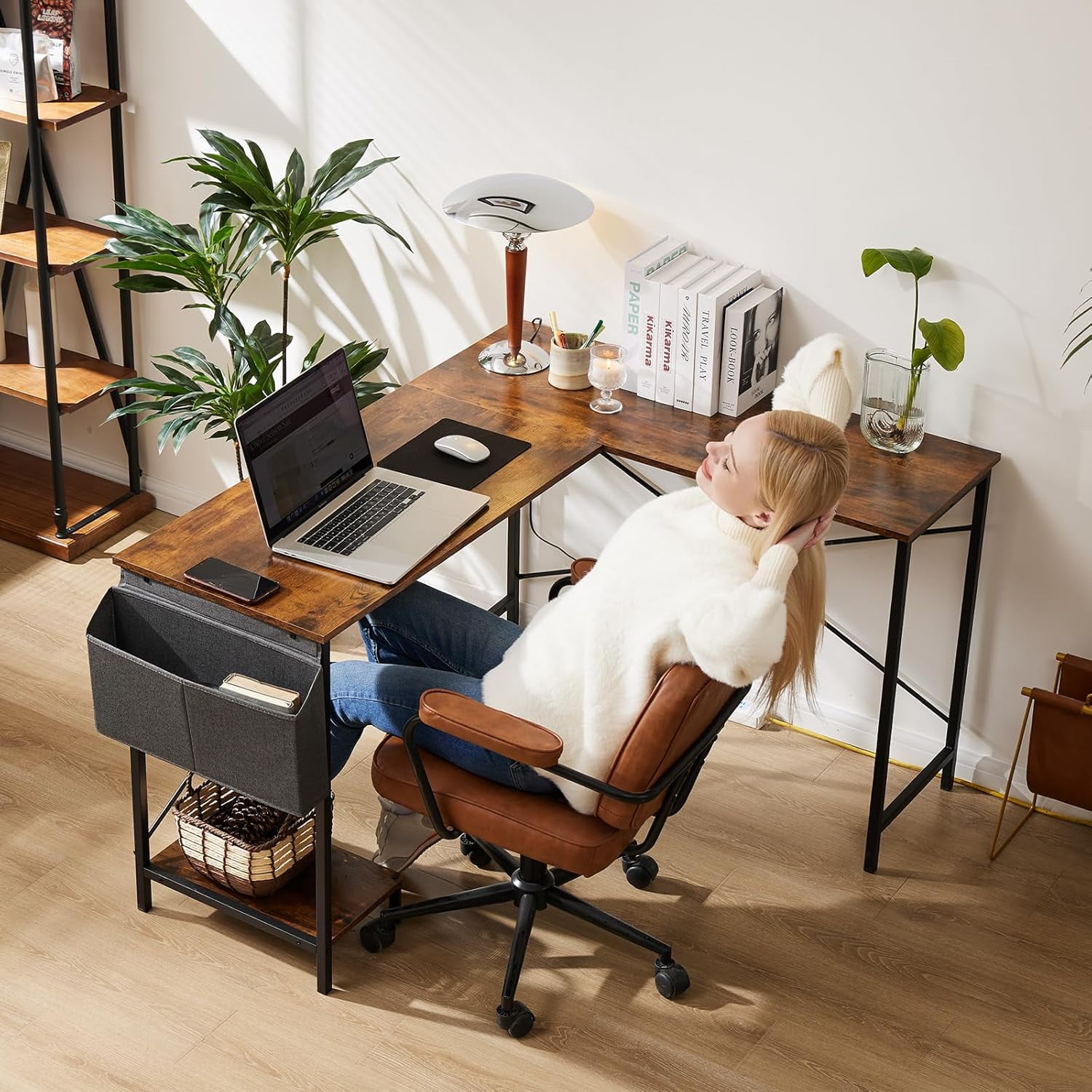 Bigleap L Shaped Computer Desk - Gaming Table Corner Desk 50 Inch PC White Writing Desk Study Desks with Wooden Desktop CPU Stand Side Bag Reversible for Home Office Room Small Space, Brown