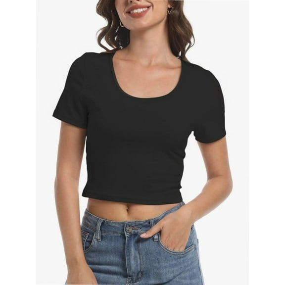 Women's Casual Short Sleeve Scoop Neck Fitted Workout Basic Crop Top Teen T-shirts
