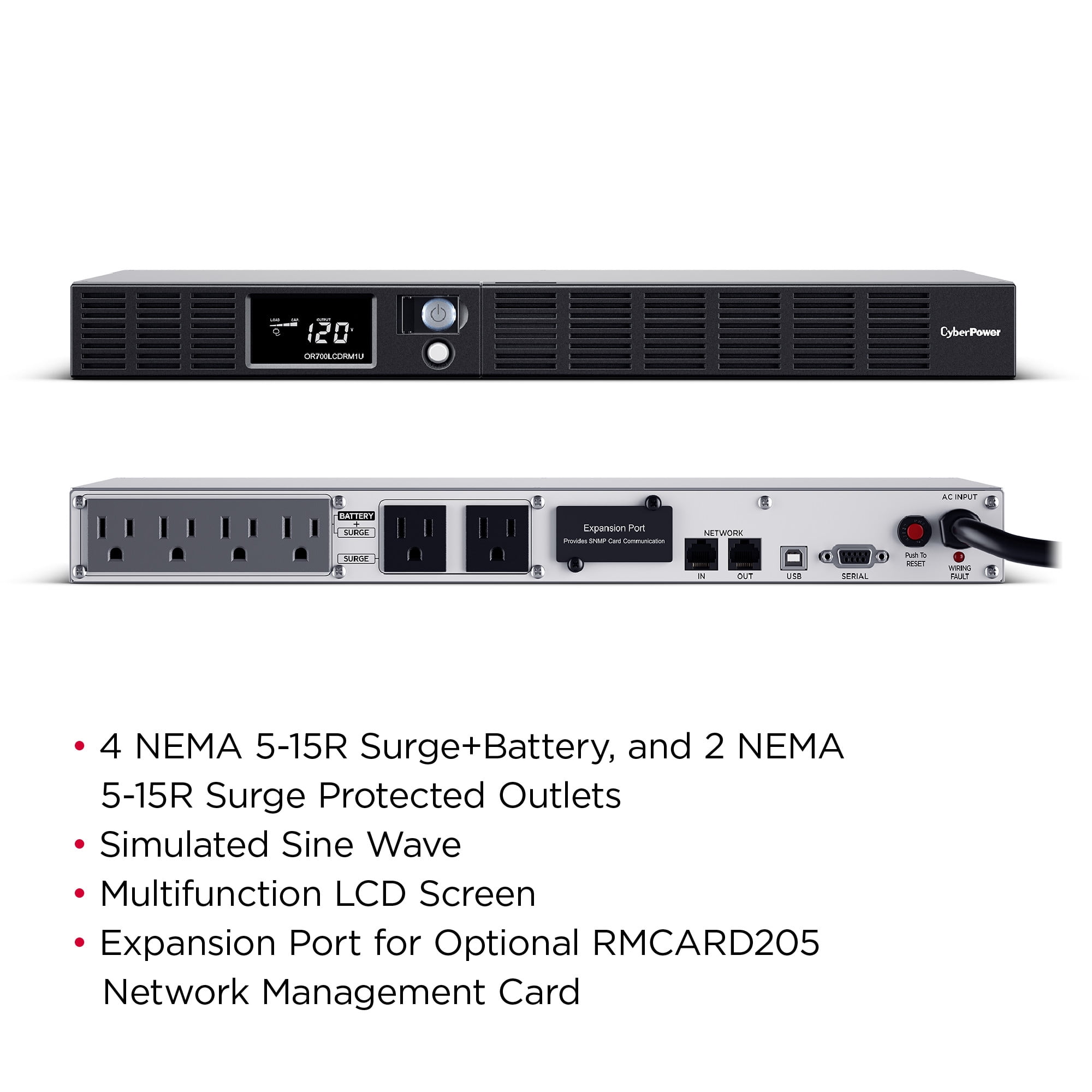 CyberPower OR700LCDRM1U UPS, 700VA/400W, 120V, 6 Outlets, LCD, AVR, 10 ft Cord-Includes Rack Hardware